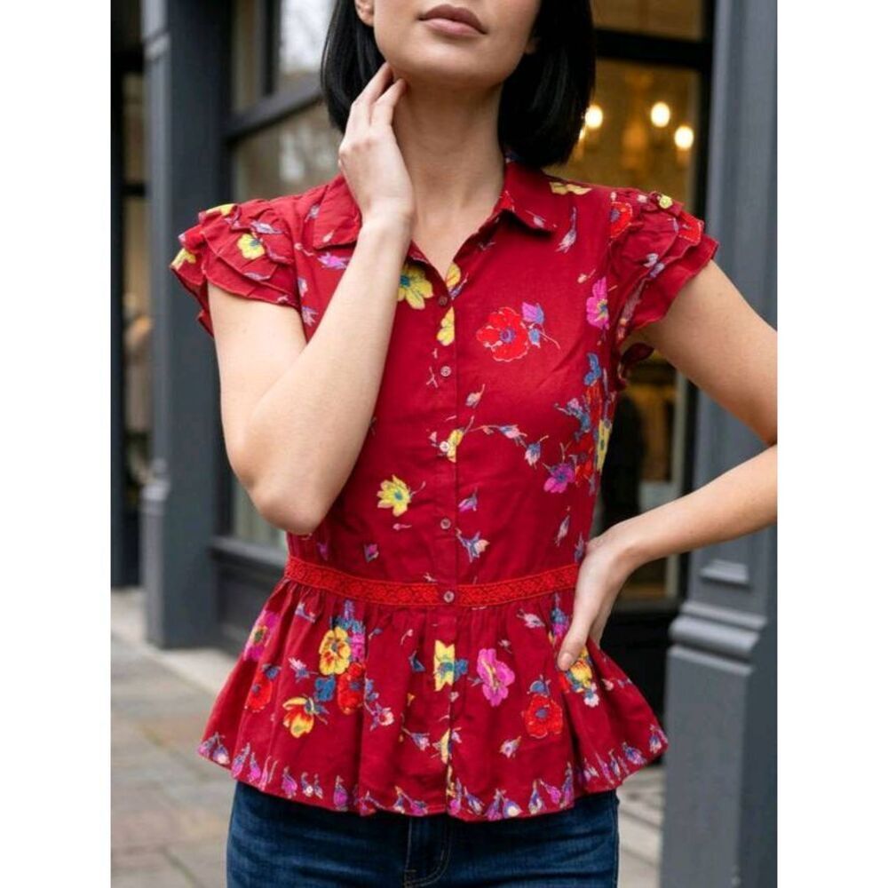 🍑Johnny Was Red Floral Print Buttoned Ruffled Cap Sleeve Top Small